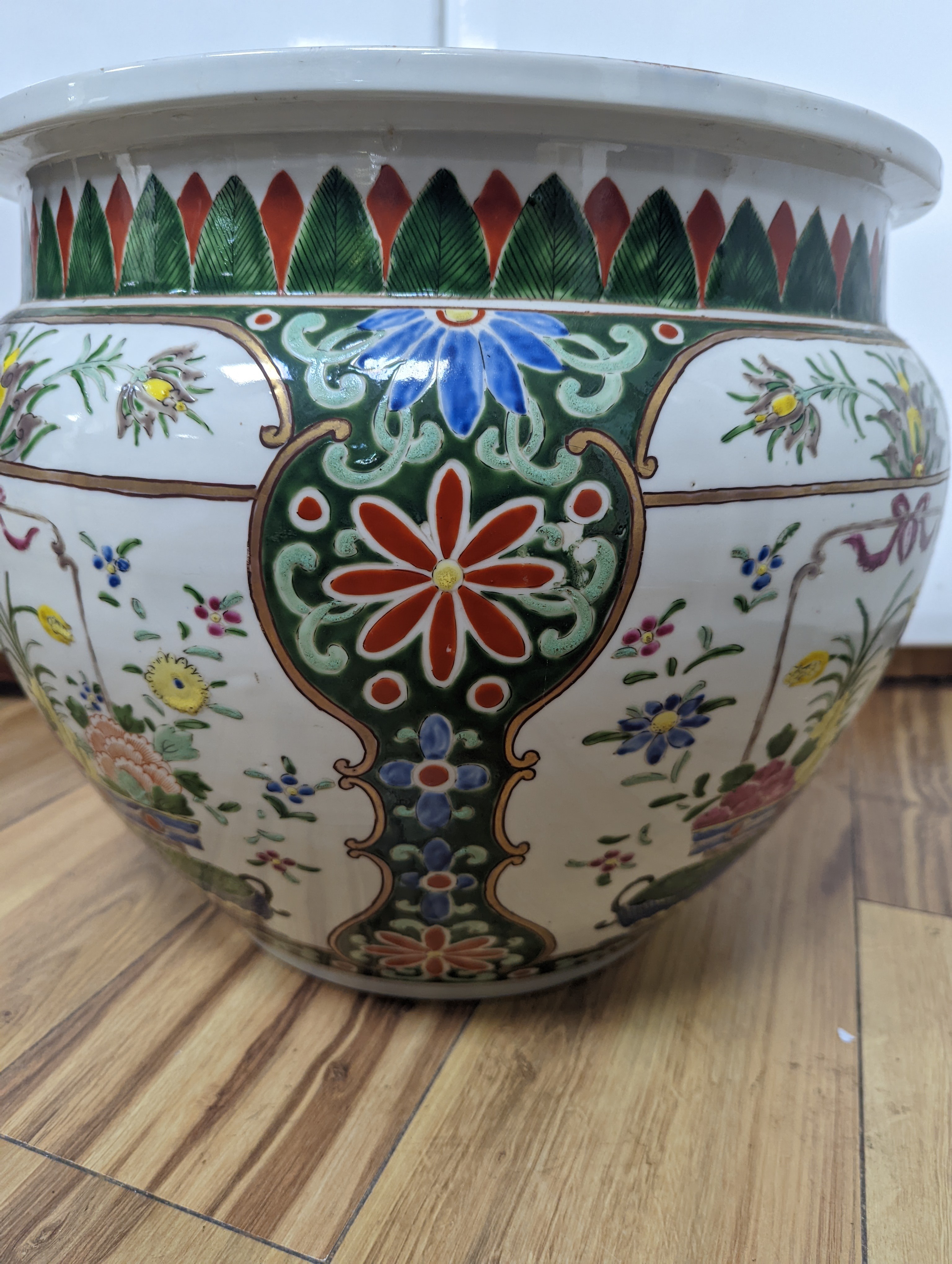 A Japanese famille rose jardiniere, height 35.5cm, 44cm diameter